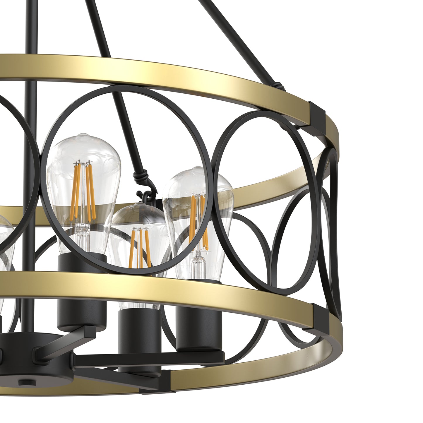 YANSUN 6 Light Ring Matte Black and Gold Chandelier with Drum Metal Shade and 51.2 in. Chain, No Bulbs Included for Kitchen