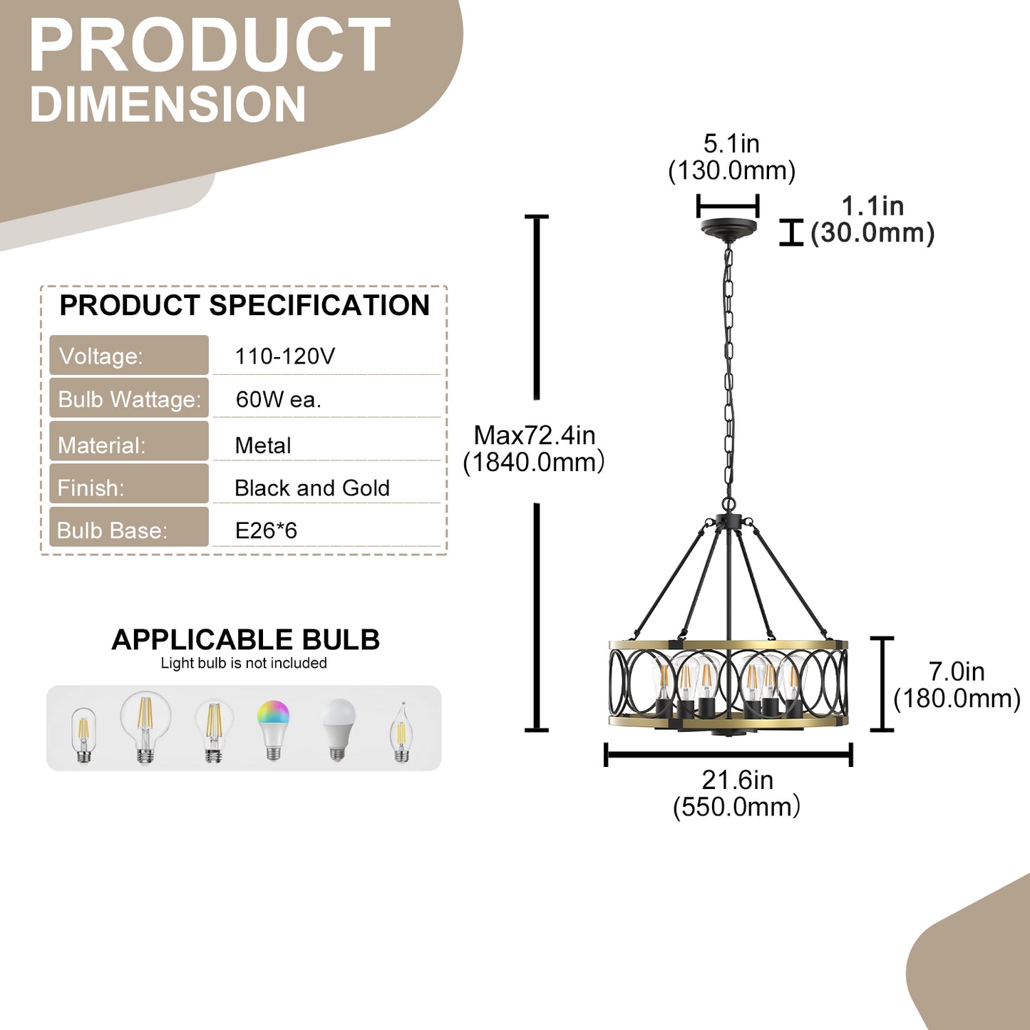 YANSUN 6 Light Ring Matte Black and Gold Chandelier with Drum Metal Shade and 51.2 in. Chain, No Bulbs Included for Kitchen