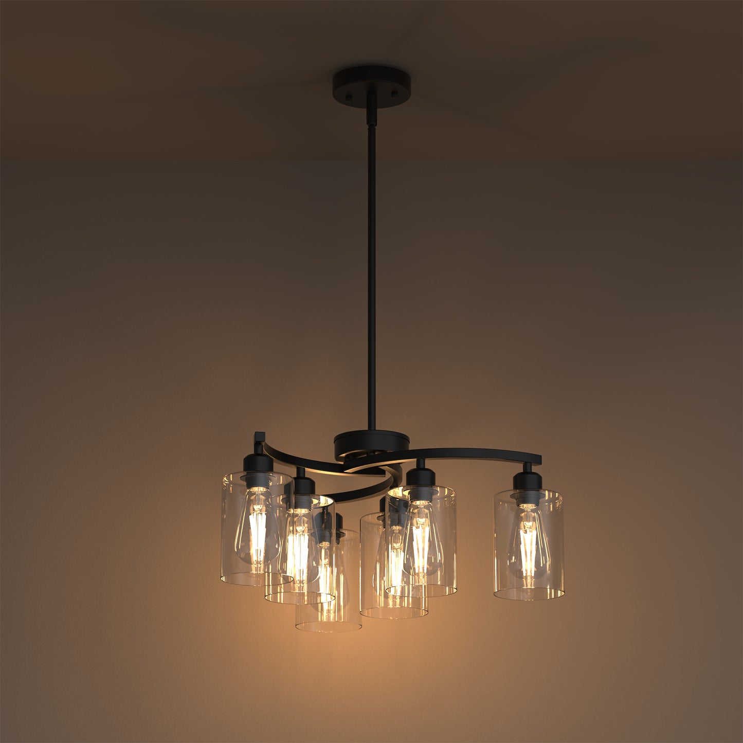 YANSUN 6-Light Modern Chandelier with Curved Arms and Glass Shades Matte Black E26 Bulb Not Included