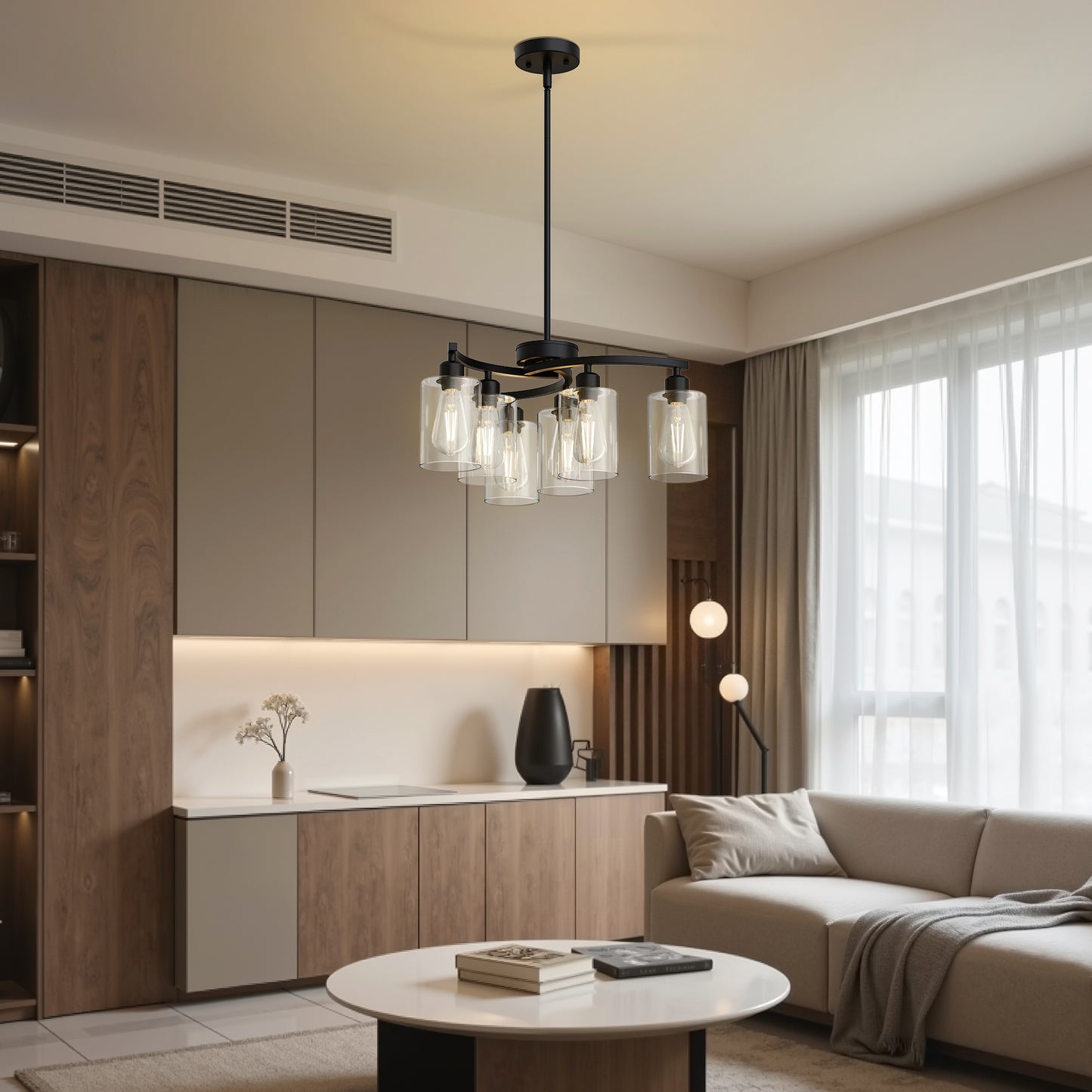 YANSUN 6-Light Modern Chandelier with Curved Arms and Glass Shades Matte Black E26 Bulb Not Included