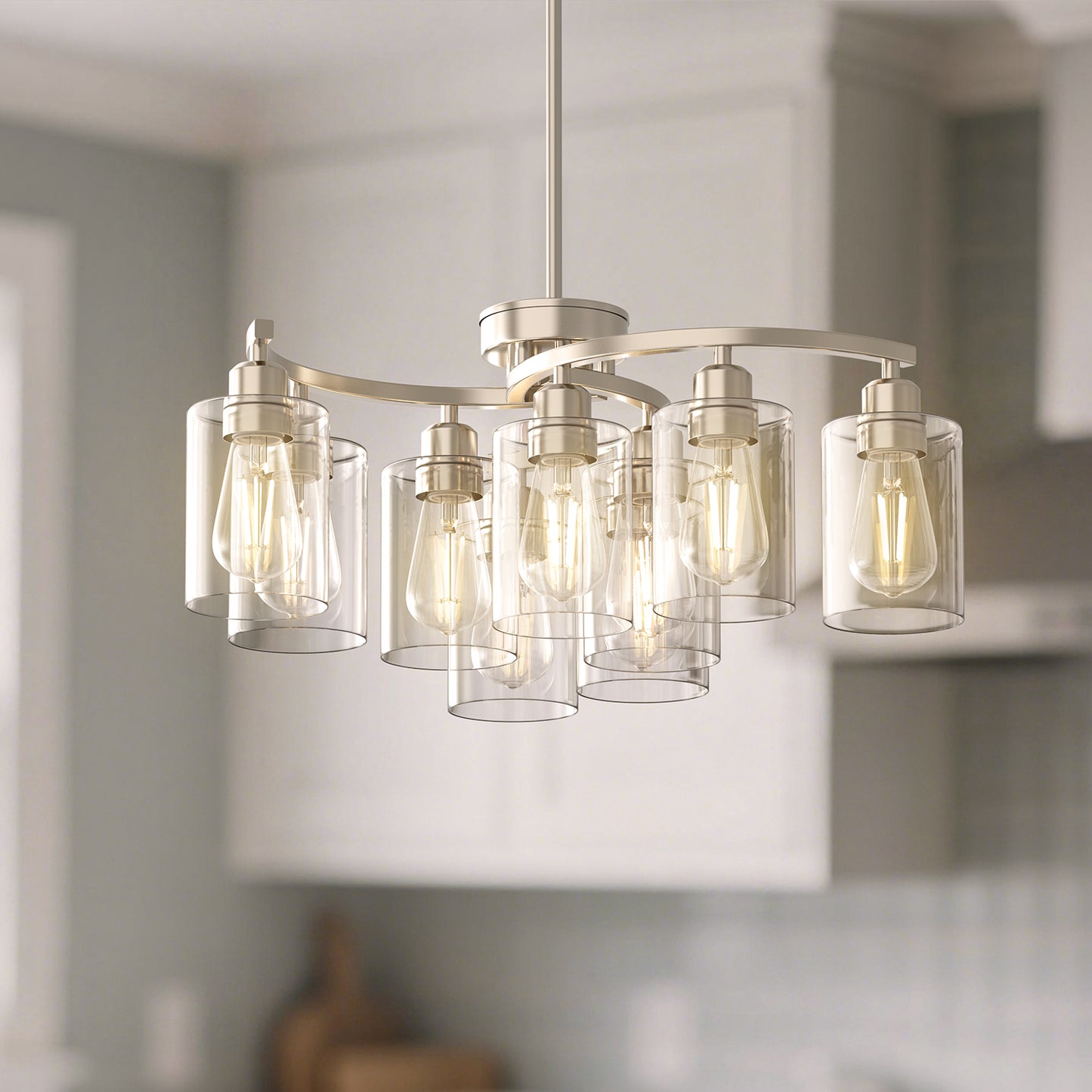 YANSUN 9-Light Sand Nickel Metal Frame Branch Chandelier with Clear Glass Shades, E26 Base, Traditional Ceiling Hanging Fixture