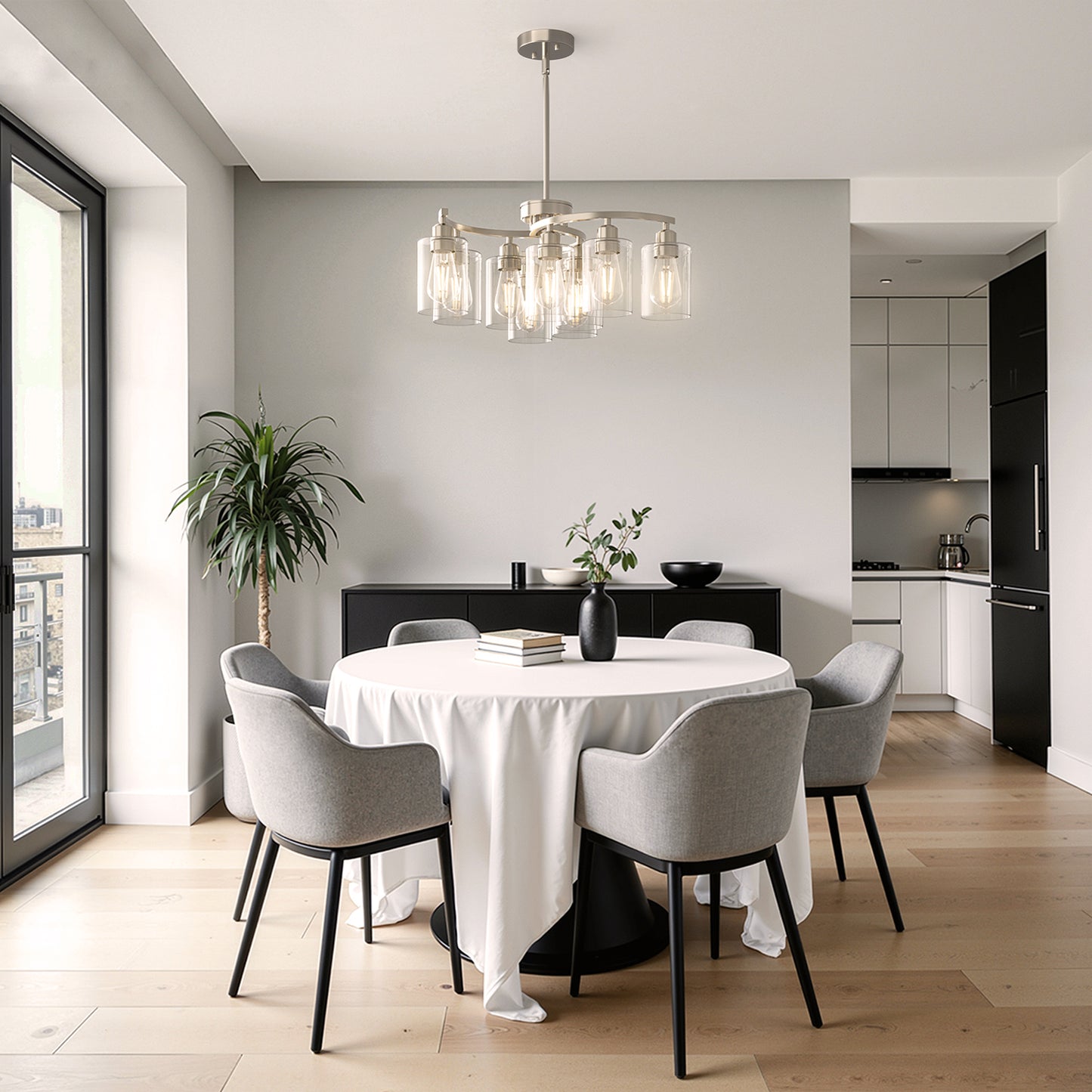 YANSUN 9-Light Sand Nickel Metal Frame Branch Chandelier with Clear Glass Shades, E26 Base, Traditional Ceiling Hanging Fixture