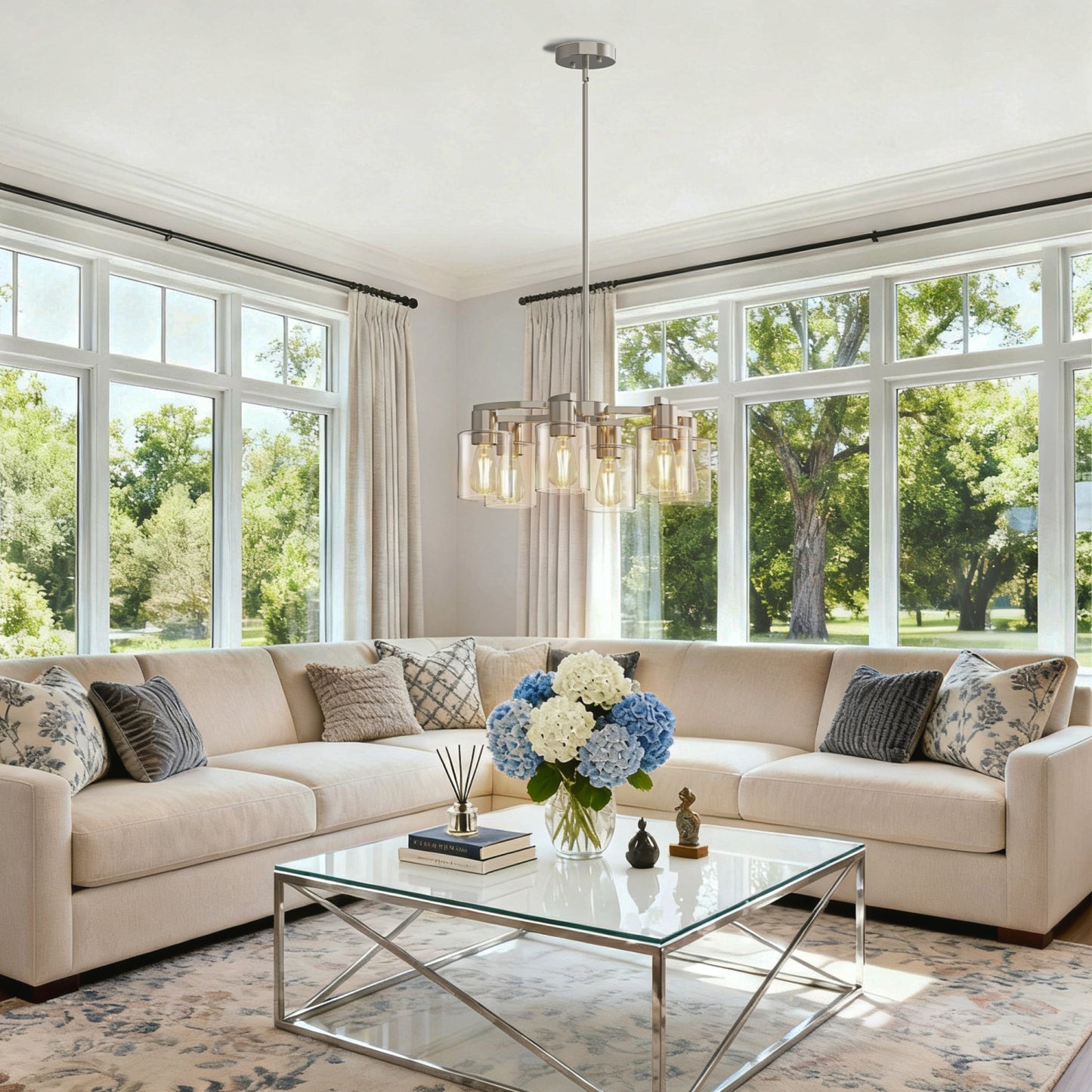 YANSUN 6-Light Sand Nickel Twisted Branch Chandelier with Explosion-Proof Glass Shades, Traditional Hanging Pendant Light