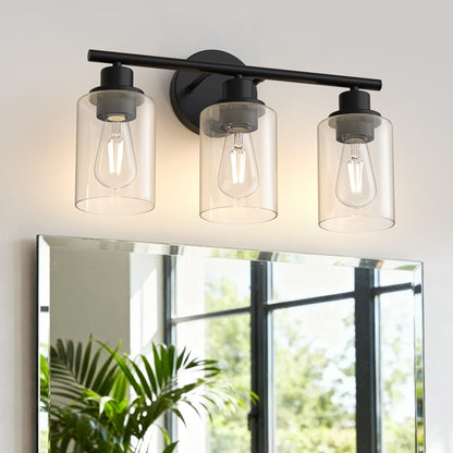 YANSUN 3-Light Vanity Mirror Light with Cylinder Glass Shades, Matte Black Finish, Clear Glass Design, E26 Sockets