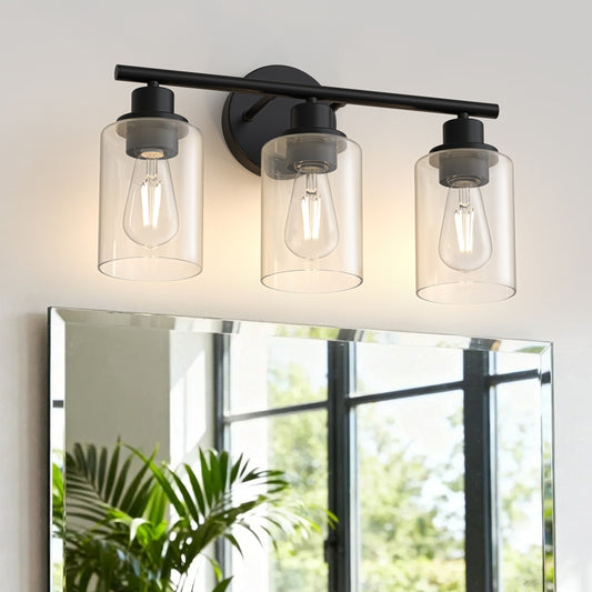 YANSUN 3-Light Vanity Mirror Light with Cylinder Glass Shades, Matte Black Finish, Clear Glass Design, E26 Sockets