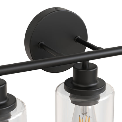 YANSUN 3-Light Vanity Mirror Light with Cylinder Glass Shades, Matte Black Finish, Clear Glass Design, E26 Sockets