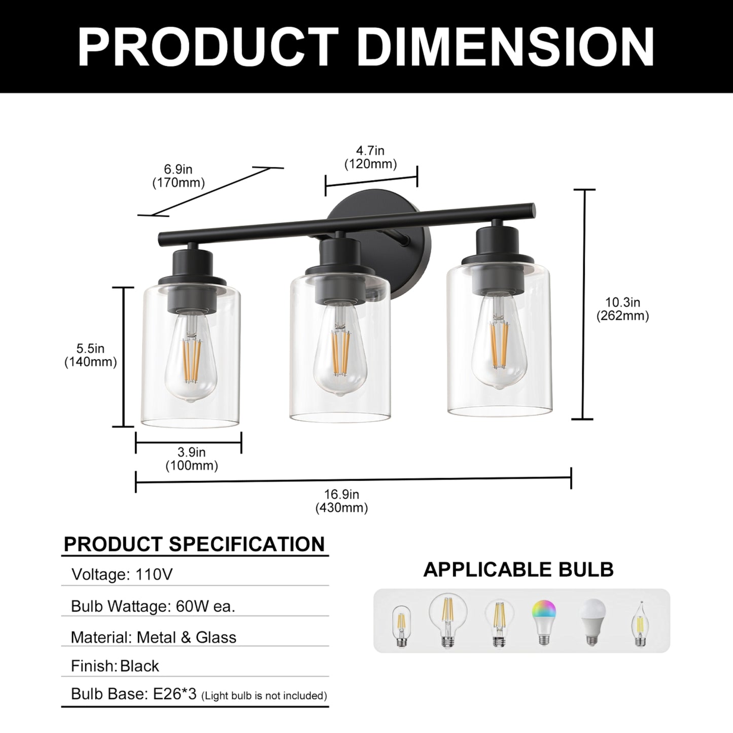 YANSUN 3-Light Vanity Mirror Light with Cylinder Glass Shades, Matte Black Finish, Clear Glass Design, E26 Sockets