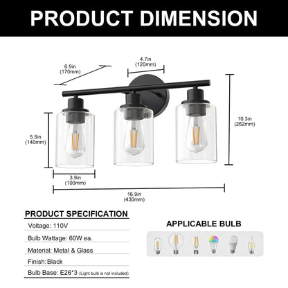 YANSUN 3-Light Vanity Mirror Light with Cylinder Glass Shades, Matte Black Finish, Clear Glass Design, E26 Sockets