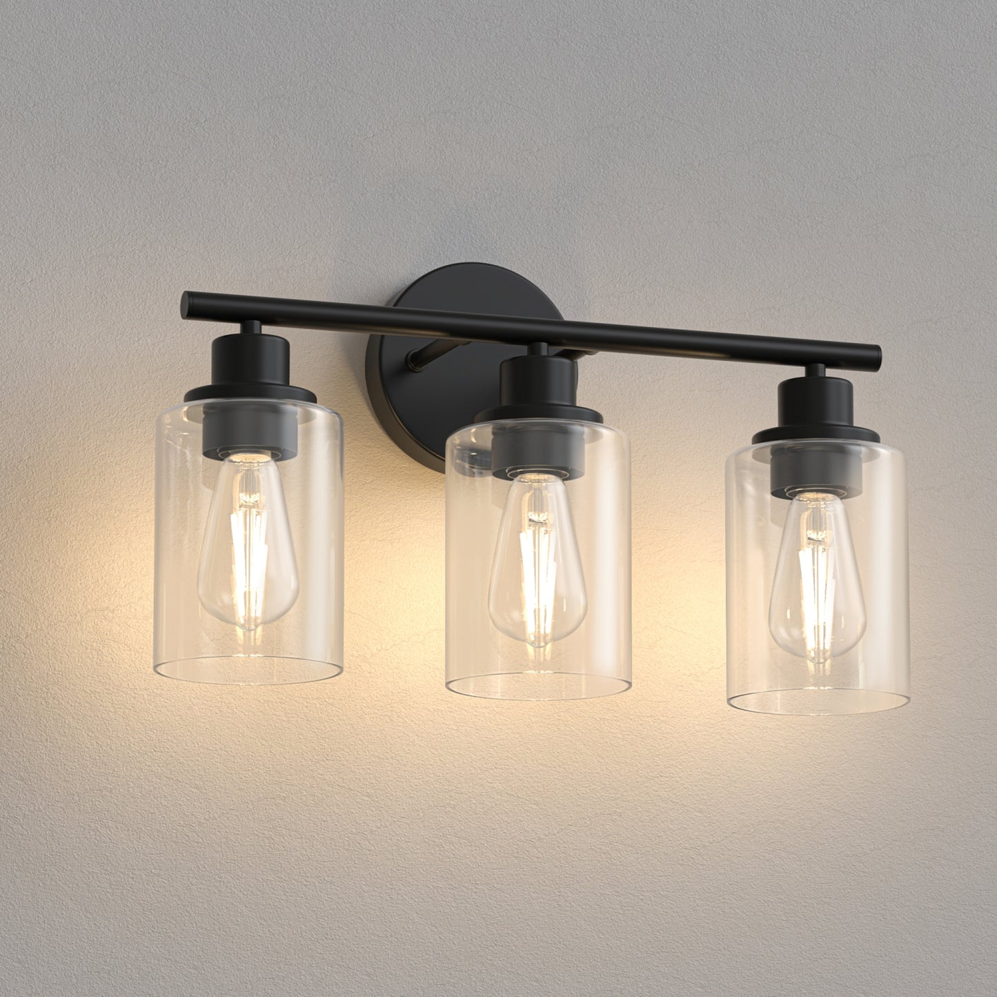 YANSUN 3-Light Vanity Mirror Light with Cylinder Glass Shades, Matte Black Finish, Clear Glass Design, E26 Sockets