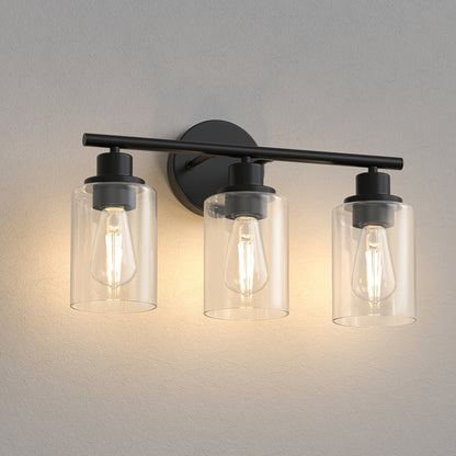 YANSUN 3-Light Vanity Mirror Light with Cylinder Glass Shades, Matte Black Finish, Clear Glass Design, E26 Sockets