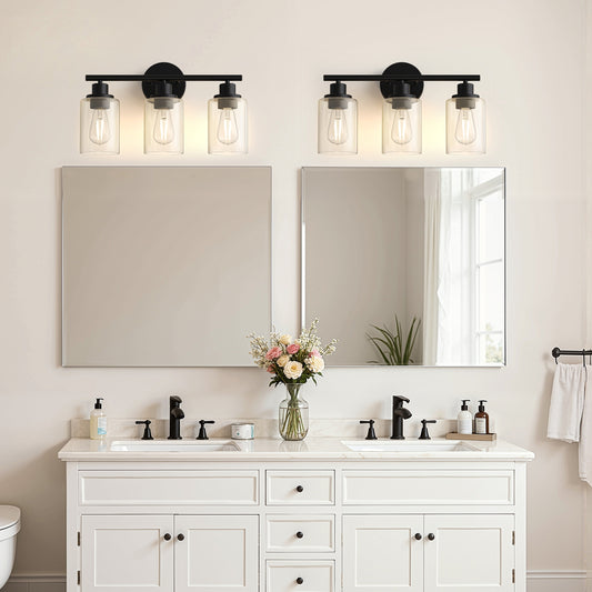 YANSUN 3-Light Vanity Mirror Light with Cylinder Glass Shades, Matte Black Finish, Clear Glass Design, E26 Sockets