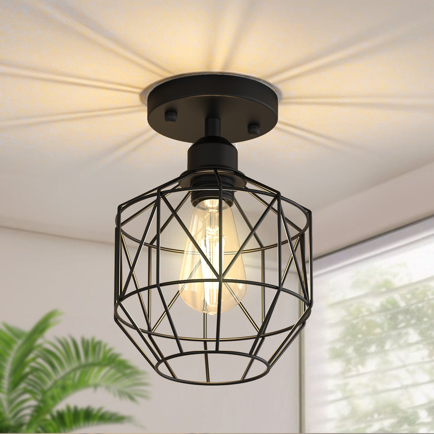 YANSUN 7.2 in. 1-Light Matte Black Traditional Semi Flush Mount Ceiling Light with Metal Wire Cage Shade, No Bulbs Included