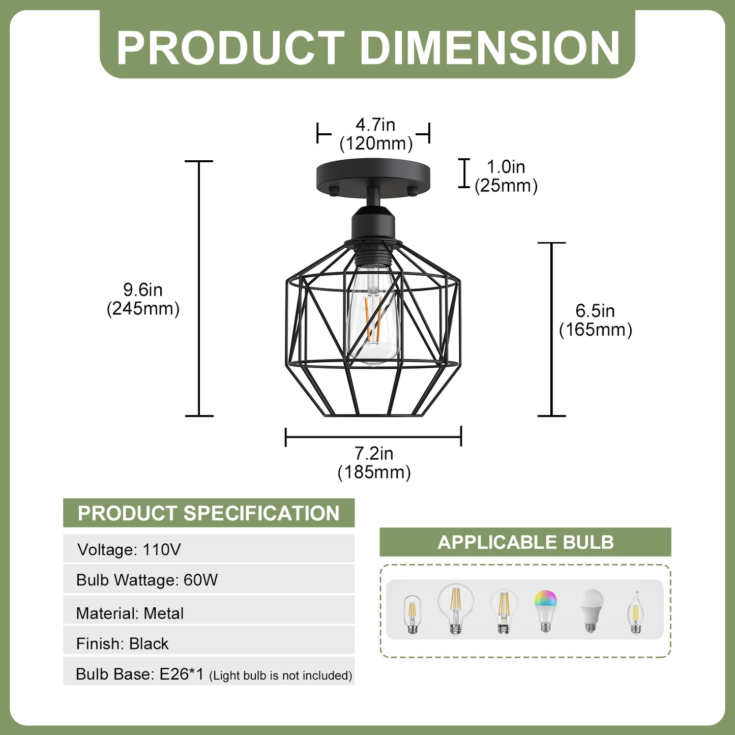YANSUN 7.2 in. 1-Light Matte Black Traditional Semi Flush Mount Ceiling Light with Metal Wire Cage Shade, No Bulbs Included