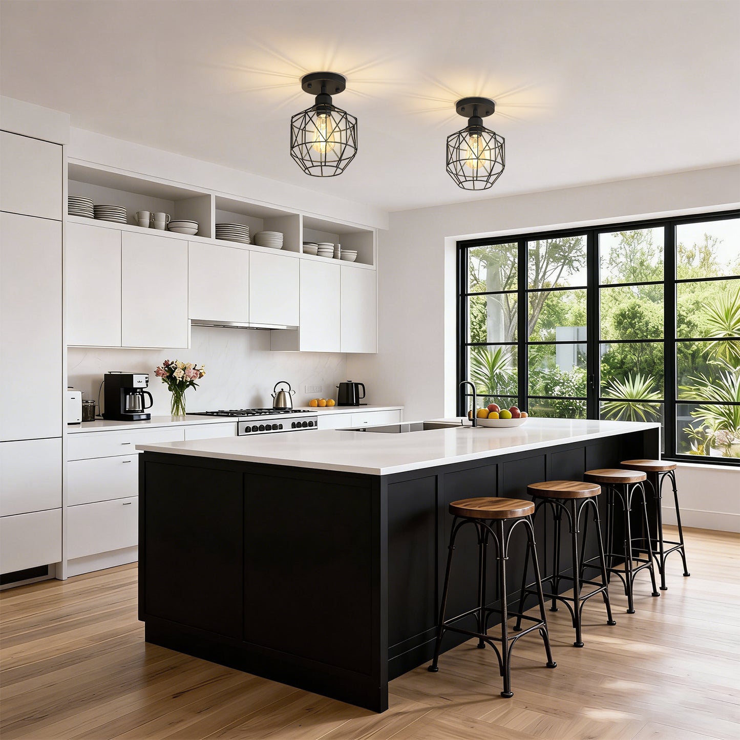 YANSUN 7.2 in. 1-Light Matte Black Traditional Semi Flush Mount Ceiling Light with Metal Wire Cage Shade, No Bulbs Included
