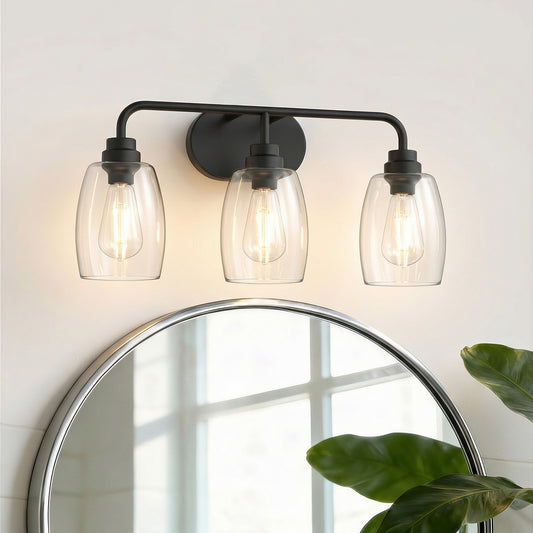YANSUN 20.8 in. 3-Light Black Metal Vanity Light with Curved Pear Clear Glass Shades, Traditional Bathroom Fixture