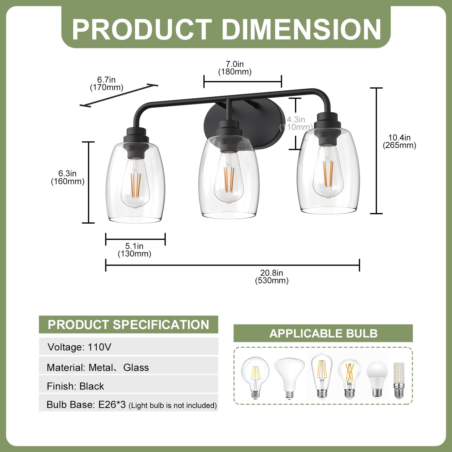YANSUN 20.8 in. 3-Light Black Metal Vanity Light with Curved Pear Clear Glass Shades, Traditional Bathroom Fixture