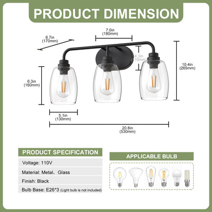 YANSUN 20.8 in. 3-Light Black Metal Vanity Light with Curved Pear Clear Glass Shades, Traditional Bathroom Fixture