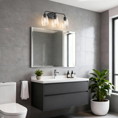 YANSUN 20.8 in. 3-Light Black Metal Vanity Light with Curved Pear Clear Glass Shades, Traditional Bathroom Fixture