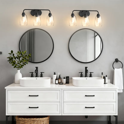 YANSUN 20.8 in. 3-Light Black Metal Vanity Light with Curved Pear Clear Glass Shades, Traditional Bathroom Fixture
