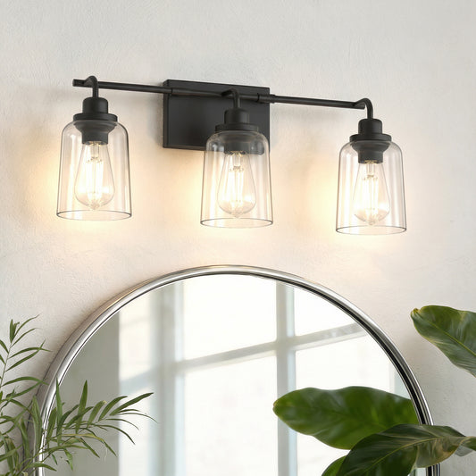 YANSUN 23.3 in. 3-Light Black Metal Vanity Wall Light with Curved Clear Glass Cylinder Shades, Traditional Bathroom Fixture