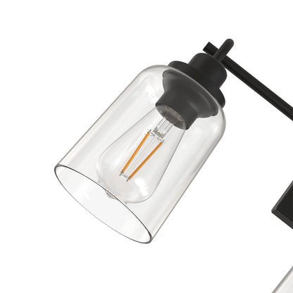 YANSUN 23.3 in. 3-Light Black Metal Vanity Wall Light with Curved Clear Glass Cylinder Shades, Traditional Bathroom Fixture