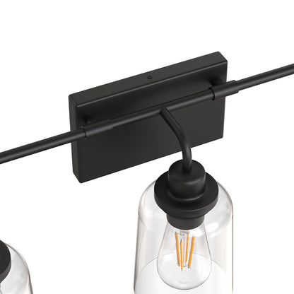 YANSUN 23.3 in. 3-Light Black Metal Vanity Wall Light with Curved Clear Glass Cylinder Shades, Traditional Bathroom Fixture