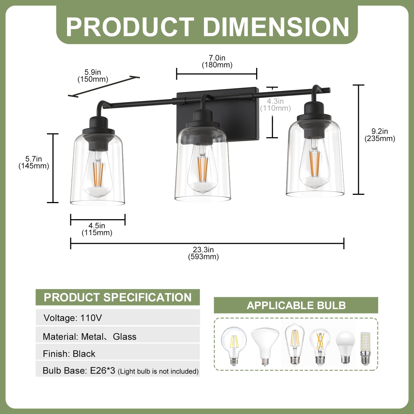YANSUN 23.3 in. 3-Light Black Metal Vanity Wall Light with Curved Clear Glass Cylinder Shades, Traditional Bathroom Fixture