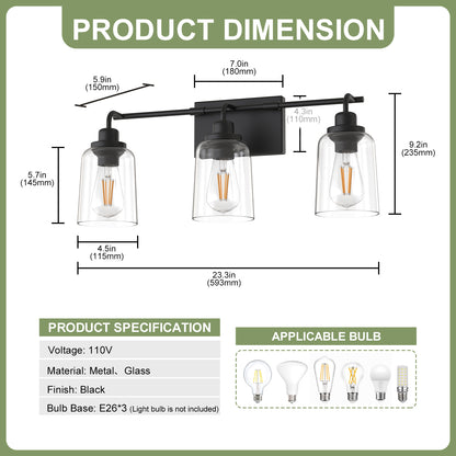 YANSUN 23.3 in. 3-Light Black Metal Vanity Wall Light with Curved Clear Glass Cylinder Shades, Traditional Bathroom Fixture