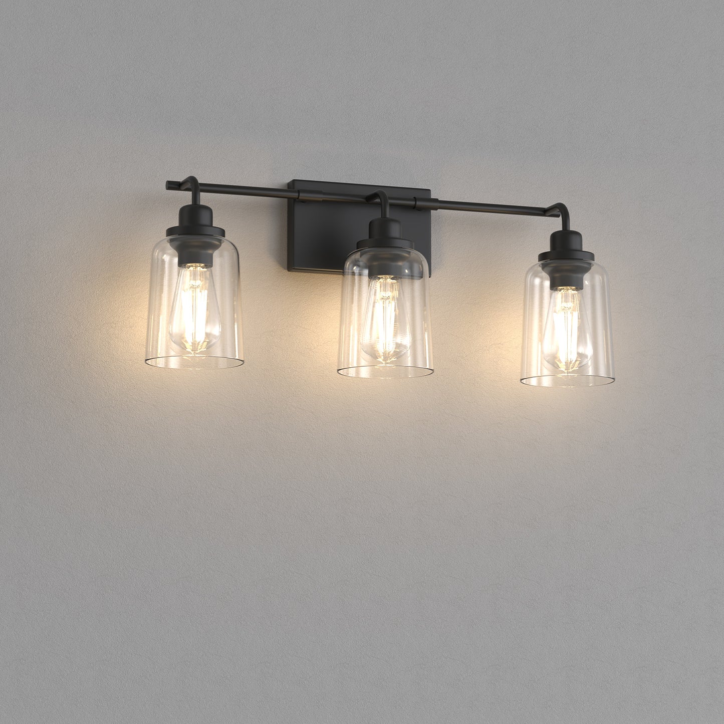 YANSUN 23.3 in. 3-Light Black Metal Vanity Wall Light with Curved Clear Glass Cylinder Shades, Traditional Bathroom Fixture