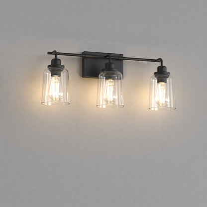YANSUN 23.3 in. 3-Light Black Metal Vanity Wall Light with Curved Clear Glass Cylinder Shades, Traditional Bathroom Fixture