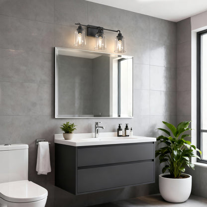 YANSUN 23.3 in. 3-Light Black Metal Vanity Wall Light with Curved Clear Glass Cylinder Shades, Traditional Bathroom Fixture