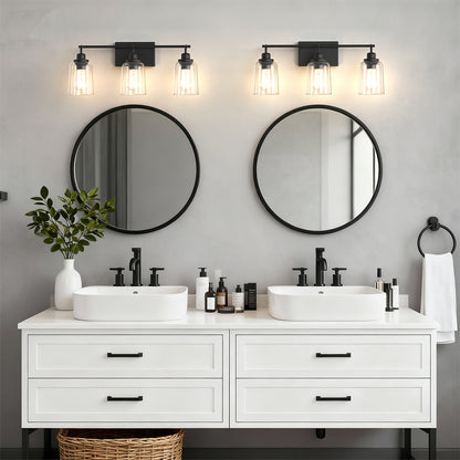 YANSUN 23.3 in. 3-Light Black Metal Vanity Wall Light with Curved Clear Glass Cylinder Shades, Traditional Bathroom Fixture