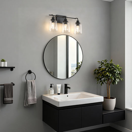 YANSUN 23.3 in. 3-Light Black Metal Vanity Wall Light with Curved Clear Glass Cylinder Shades, Traditional Bathroom Fixture
