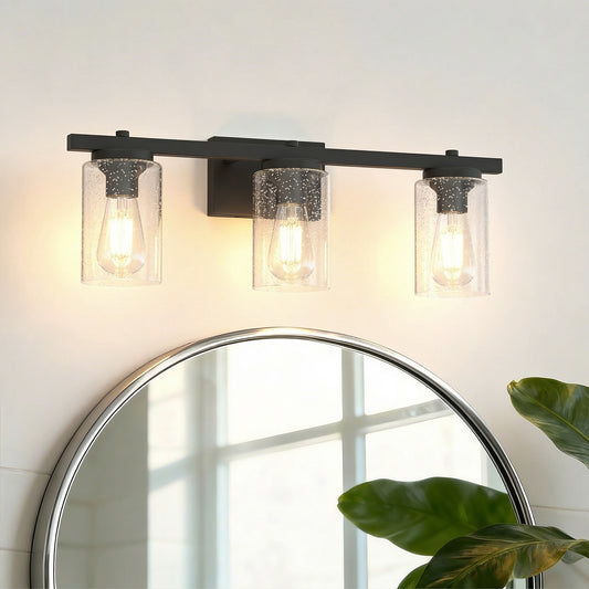 YANSUN 24 in. 3-Light Black Metal Vanity Wall Light with Curved Clear Glass Cylinder Shades