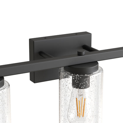 YANSUN 24 in. 3-Light Black Metal Vanity Wall Light with Curved Clear Glass Cylinder Shades
