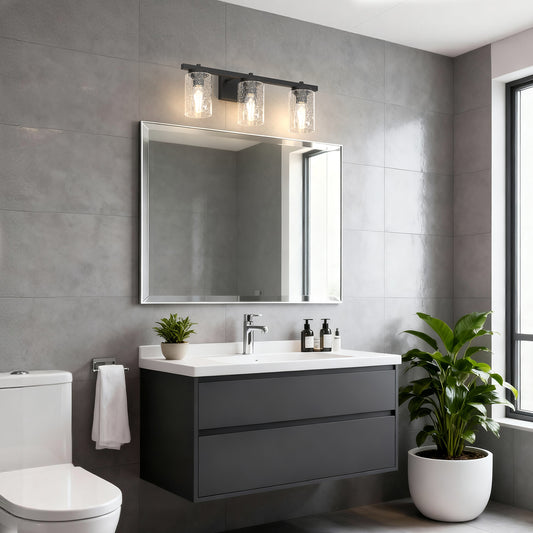 YANSUN 24 in. 3-Light Black Metal Vanity Wall Light with Curved Clear Glass Cylinder Shades