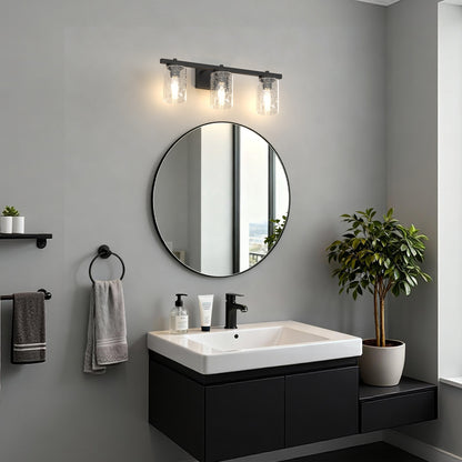 YANSUN 24 in. 3-Light Black Metal Vanity Wall Light with Curved Clear Glass Cylinder Shades