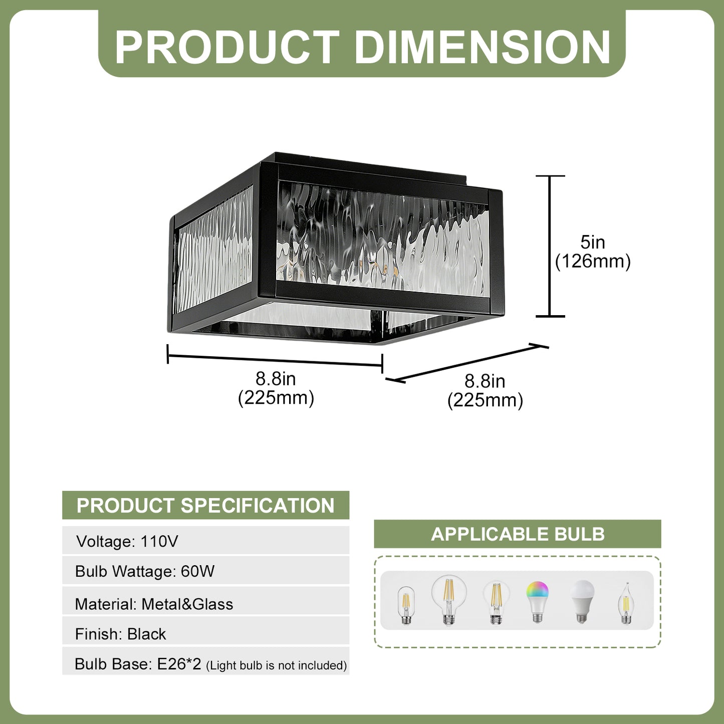 YANSUN 8.8 in. 2-Light Traditional Flush Mount Ceiling Light with Ripple Glass Shade and Sand Black Finish, No Bulbs Included