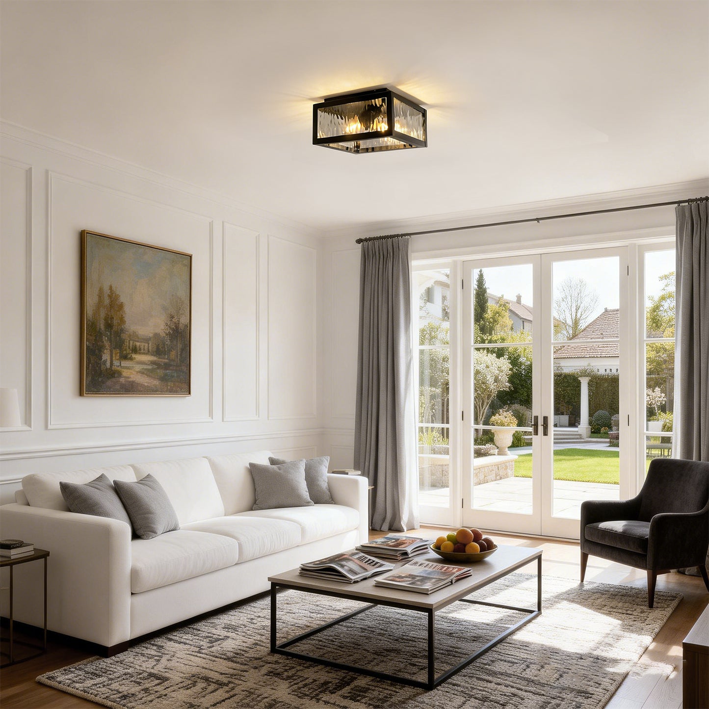 YANSUN 8.8 in. 2-Light Traditional Flush Mount Ceiling Light with Ripple Glass Shade and Sand Black Finish, No Bulbs Included