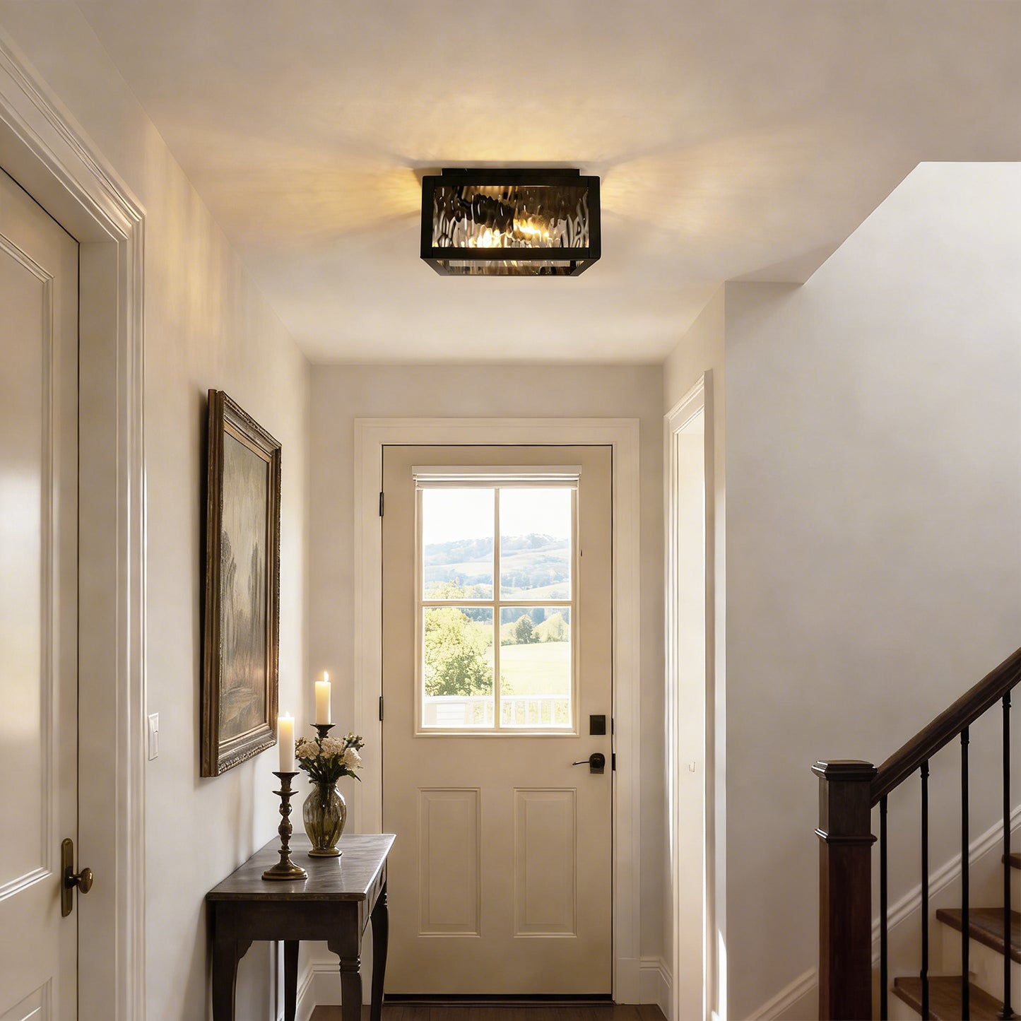 YANSUN 8.8 in. 2-Light Traditional Flush Mount Ceiling Light with Ripple Glass Shade and Sand Black Finish, No Bulbs Included