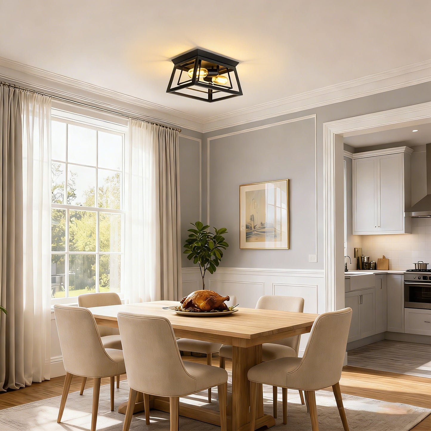 YANSUN 14 in. 3-Light Matte Black Traditional Flush Mount Ceiling Light with Double-Layer Open Frame Shade, No Bulbs Included