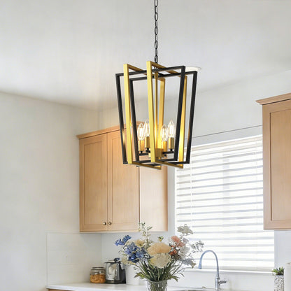 YANSUN Farmhouse 4 Light Matte Matte Black an Copper Inverted Frustum Chandelier with Metal Square Lampshade, No Bulb Included
