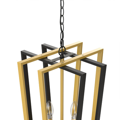 YANSUN Farmhouse 4 Light Matte Matte Black an Copper Inverted Frustum Chandelier with Metal Square Lampshade, No Bulb Included