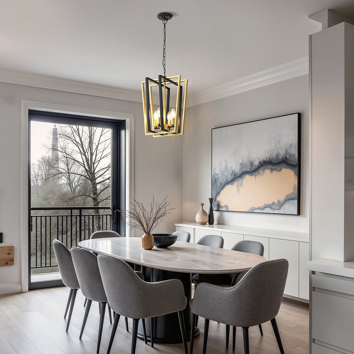 YANSUN Farmhouse 4 Light Matte Matte Black an Copper Inverted Frustum Chandelier with Metal Square Lampshade, No Bulb Included