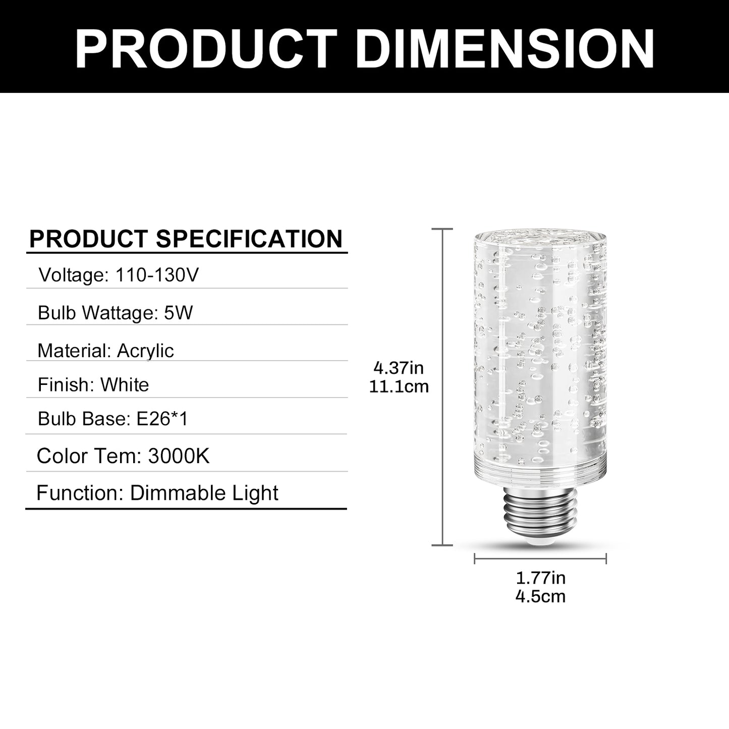 YANSUN LED Light Bulb with Bubble Acrylic Column, 5W 3000K Warm Light, E26 Ceramic Base, Dimmable Function, Modern Design