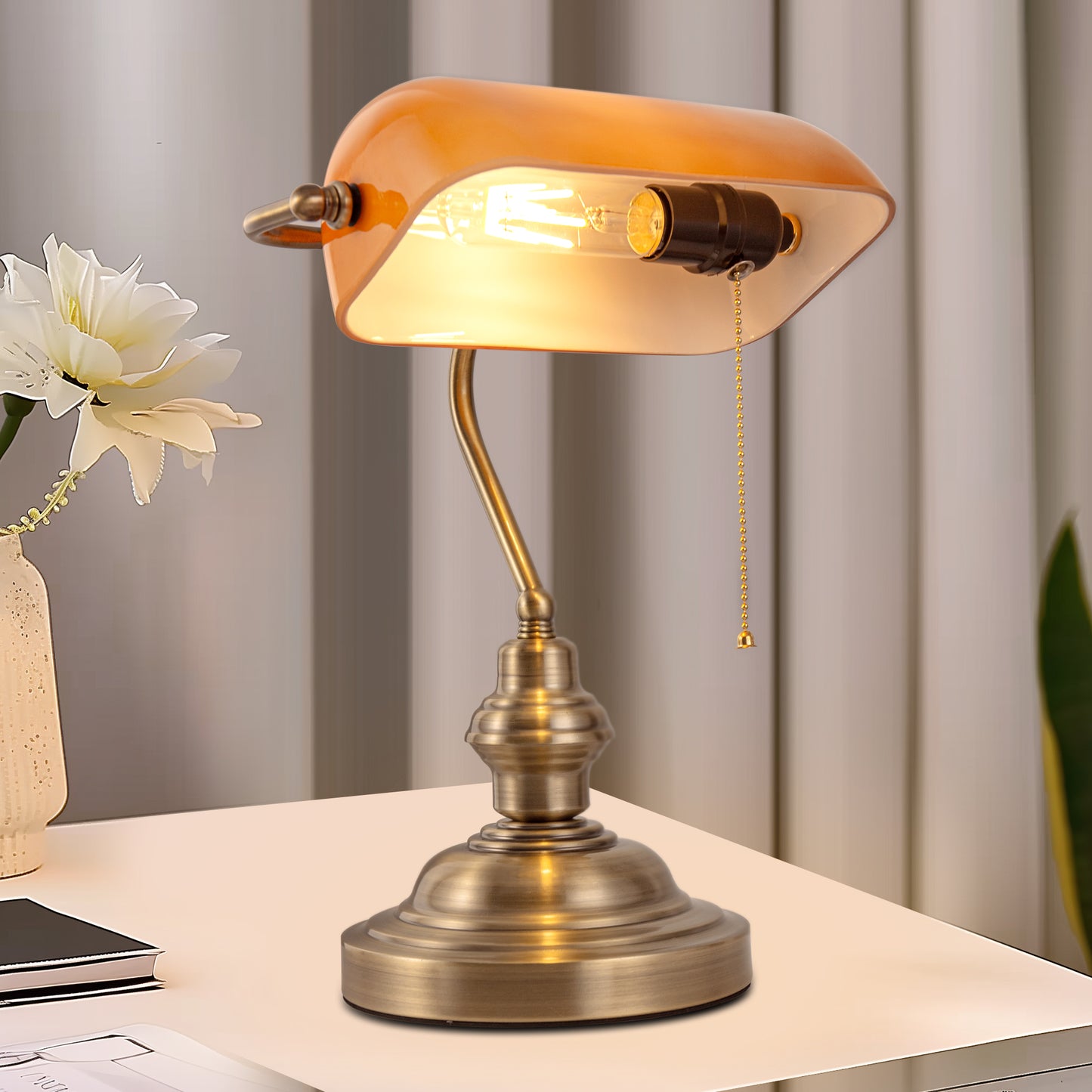 YANSUN Vintage Bankers Table Lamp, Classic Orange Desk Lamp with E26 Socket for Office, Bedroom, Living Room No Bulb Included