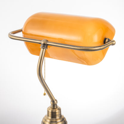 14 in. Banker Task and Reading Retro Gold Bedside Lamp with Orange Glass Shade, Classic Desk Light with Pull Chain