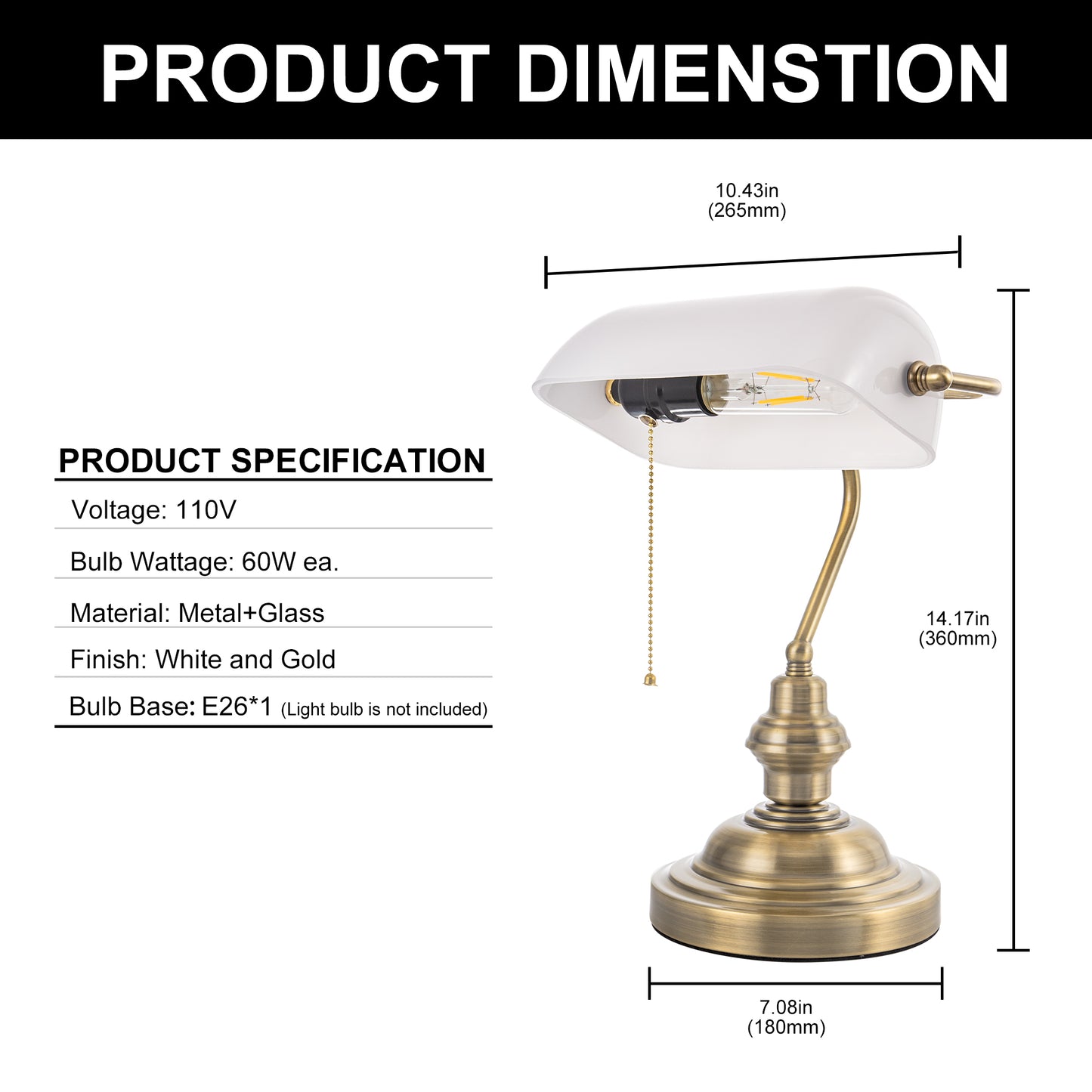 YANSUN 10.4 in. Modern White Table Lamp with E26 Base, Metal and Glass Desk Lamp for Bedroom, Living Room, and Dining