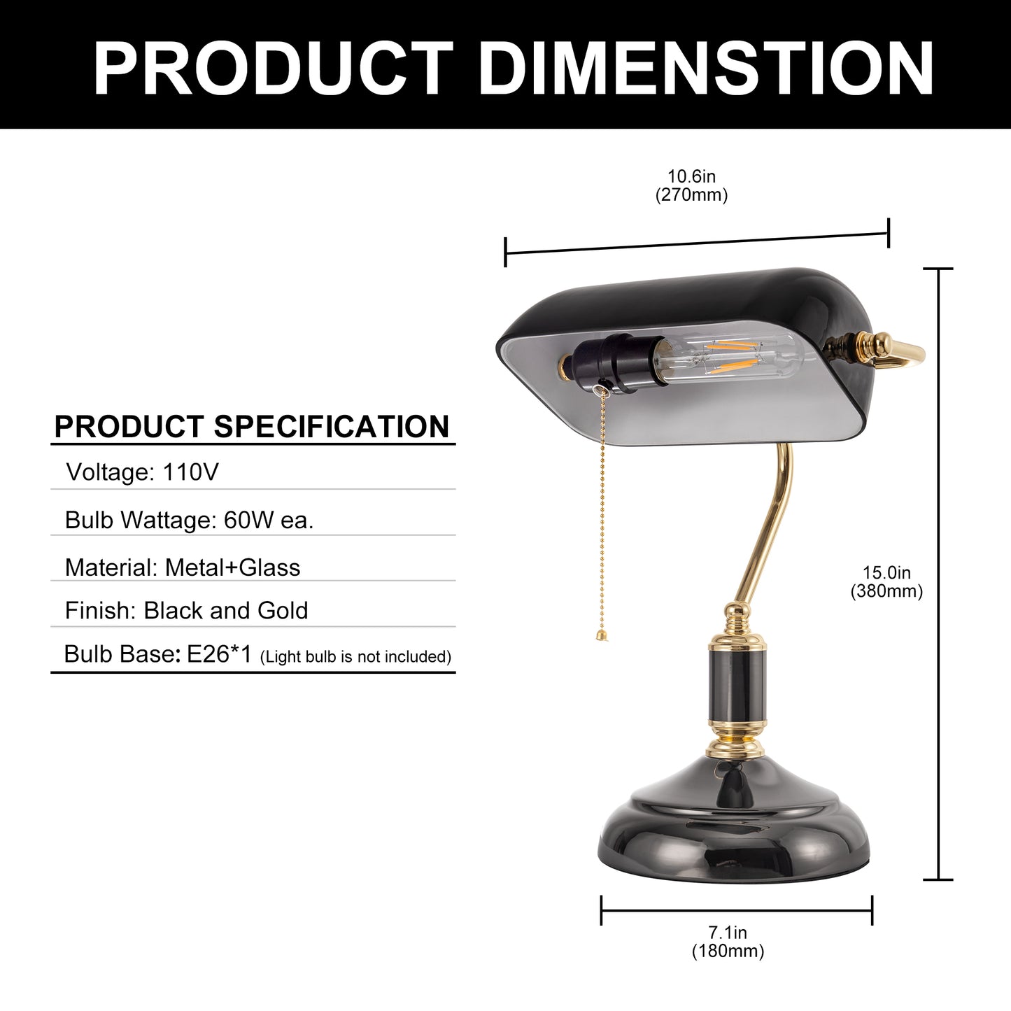 YANSUN 1 Light Black Table Lamp with E26 Socket, No Bulbs Included