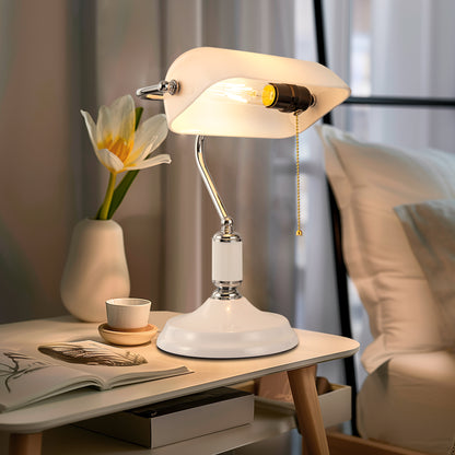 15 in. Silver Task and Reading Bankers Lamp with White Glass Shade and Pull Chain, 350?? Adjustable Desk Lamp for Bedroom